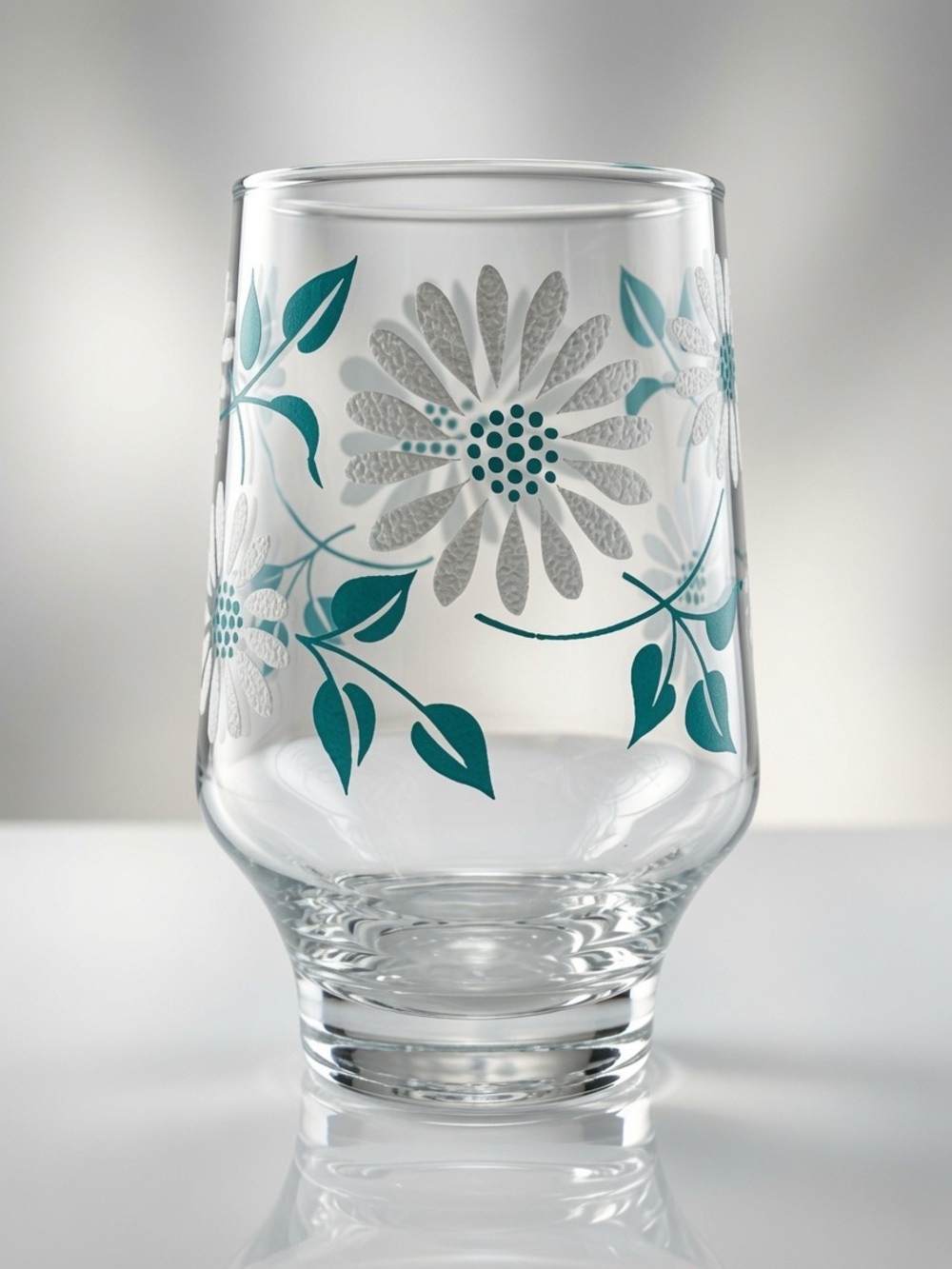 Vintage MCM Turquoise & White Daisy Glass Tumbler 70s Flower Power